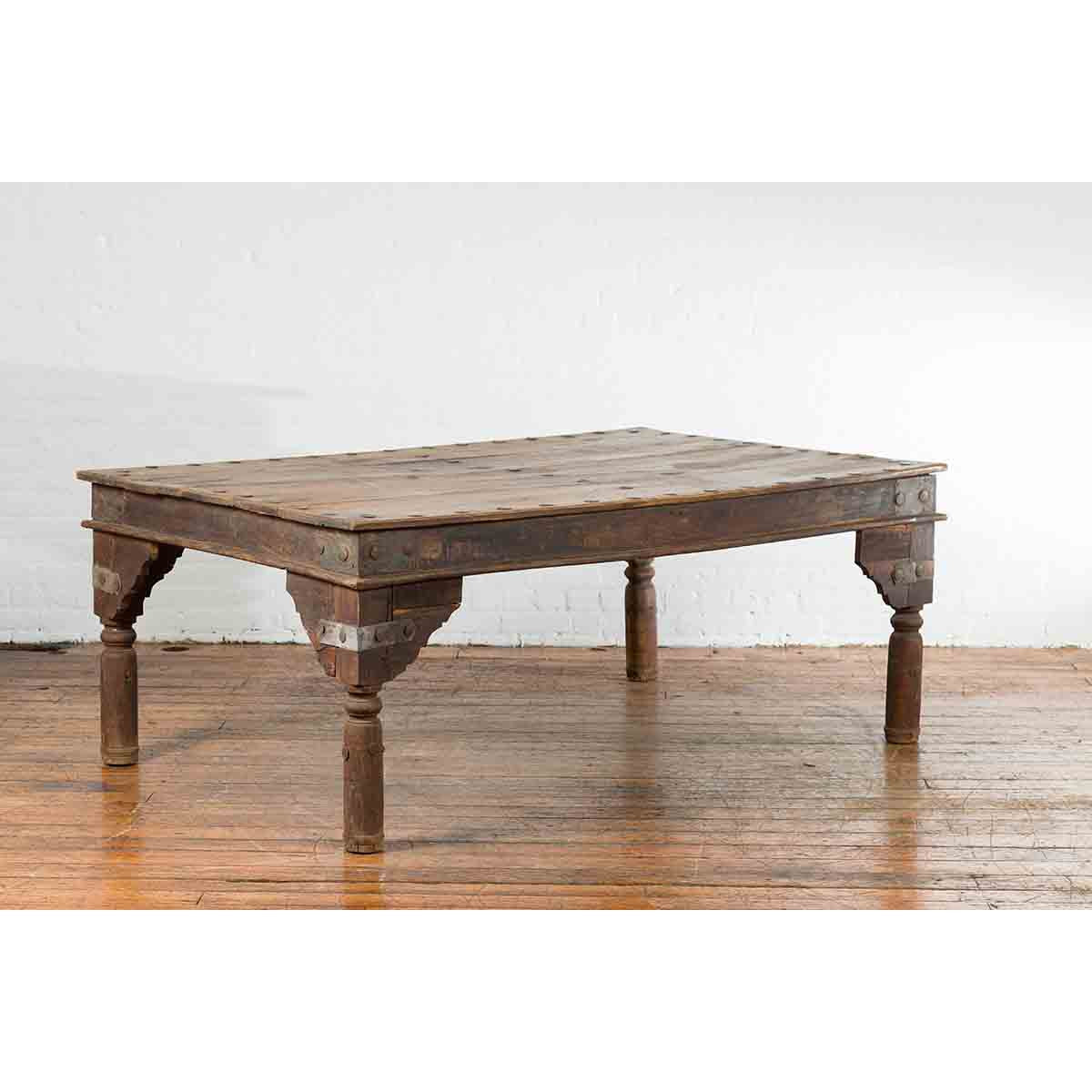 Indian Wood Dining Table with Distressed Patina, Iron Details and Baluster Legs-3. Asian & Chinese Furniture, Art, Antiques, Vintage Home Décor for sale at FEA Home