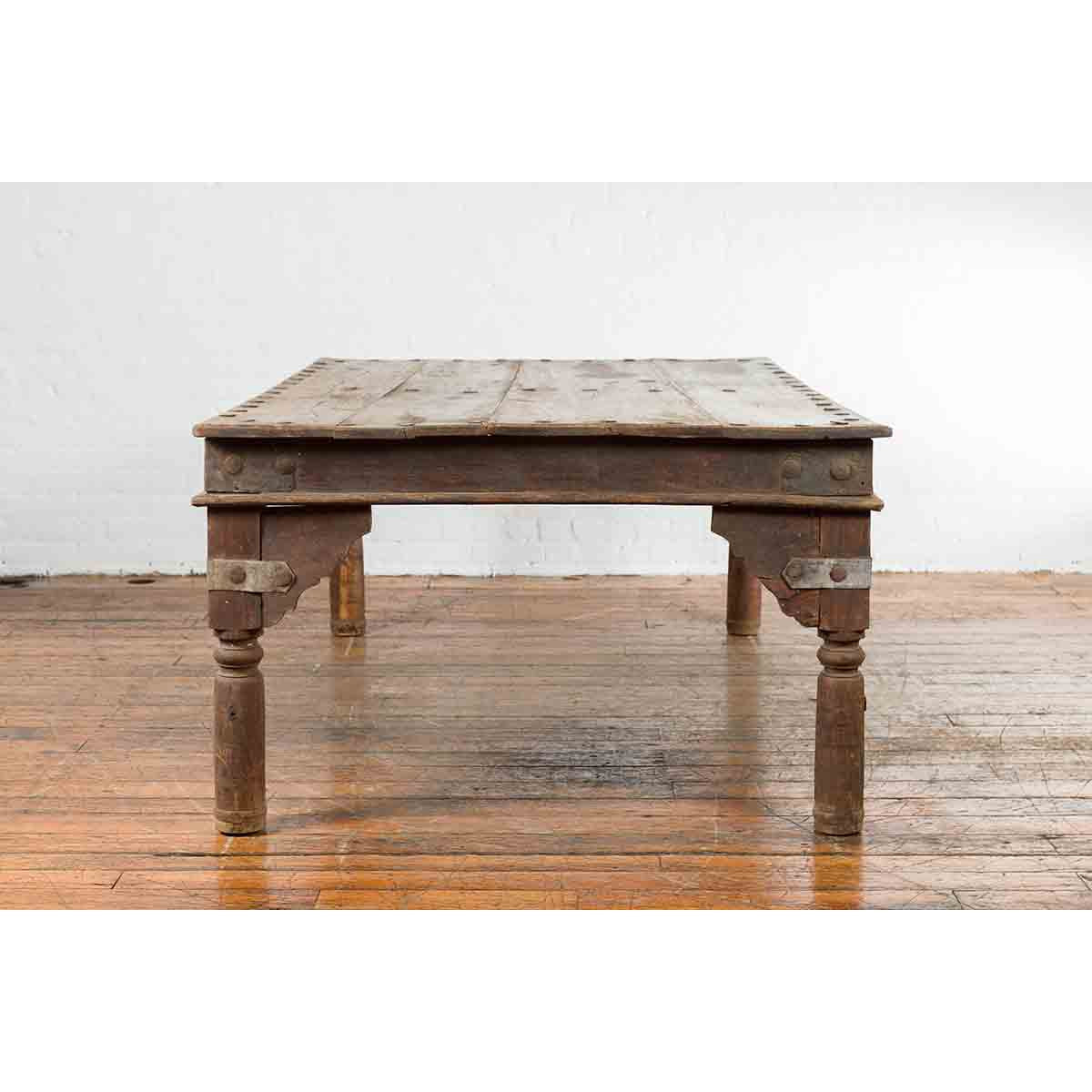 Indian Wood Dining Table with Distressed Patina, Iron Details and Baluster Legs-9. Asian & Chinese Furniture, Art, Antiques, Vintage Home Décor for sale at FEA Home