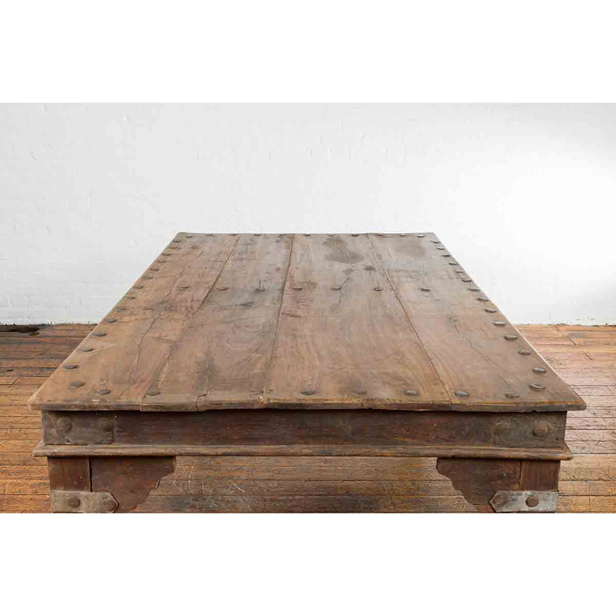 Indian Wood Dining Table with Distressed Patina, Iron Details and Baluster Legs-10. Asian & Chinese Furniture, Art, Antiques, Vintage Home Décor for sale at FEA Home