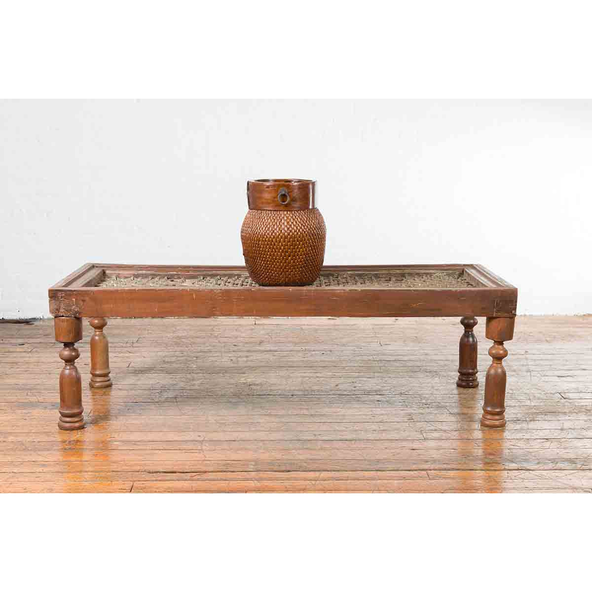 Indian Antique Window Grate Made into a Coffee Table with Turned Baluster Legs-4. Asian & Chinese Furniture, Art, Antiques, Vintage Home Décor for sale at FEA Home