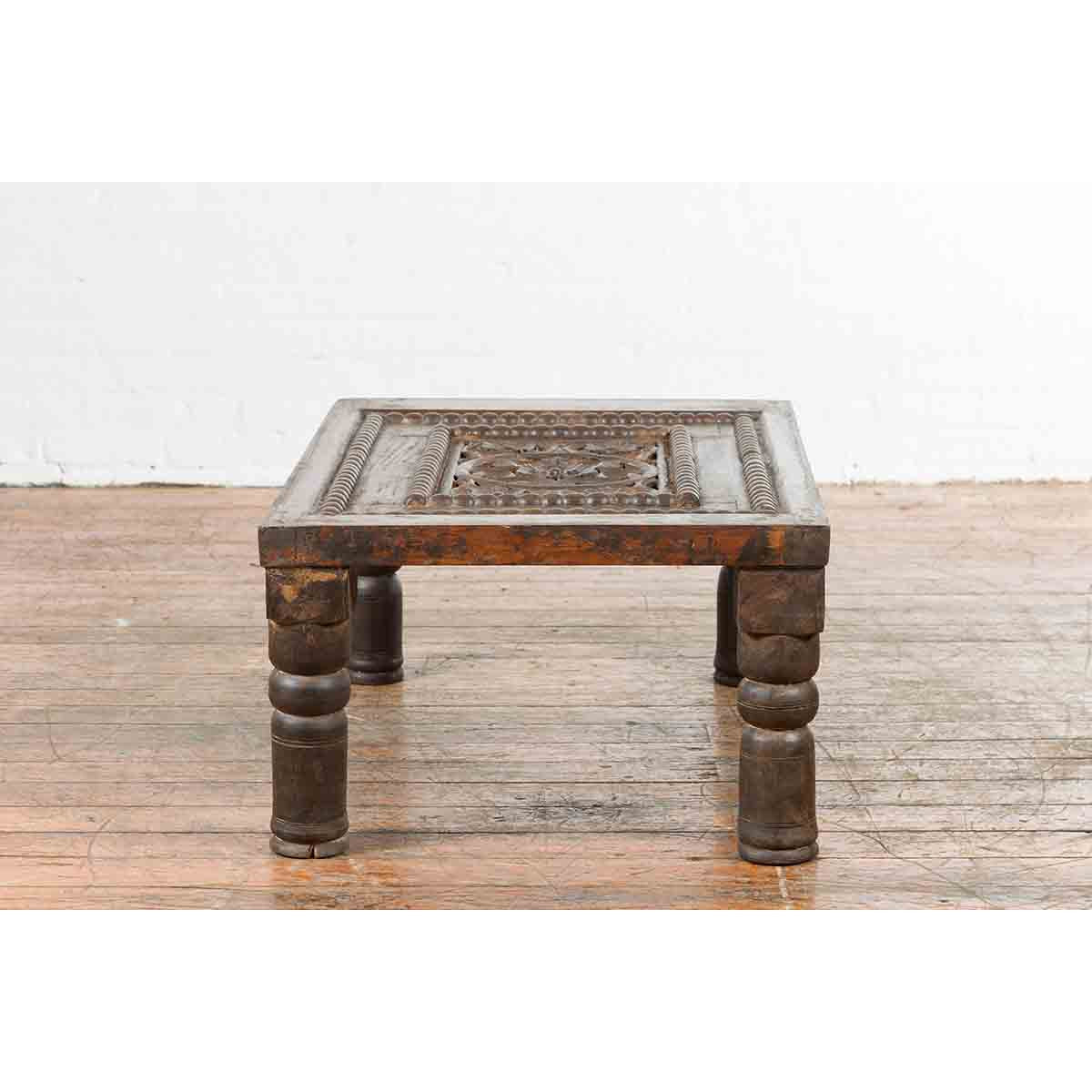 Indian 19th Century Small Wooden Coffee Table with Carved Floral Motifs-13. Asian & Chinese Furniture, Art, Antiques, Vintage Home Décor for sale at FEA Home
