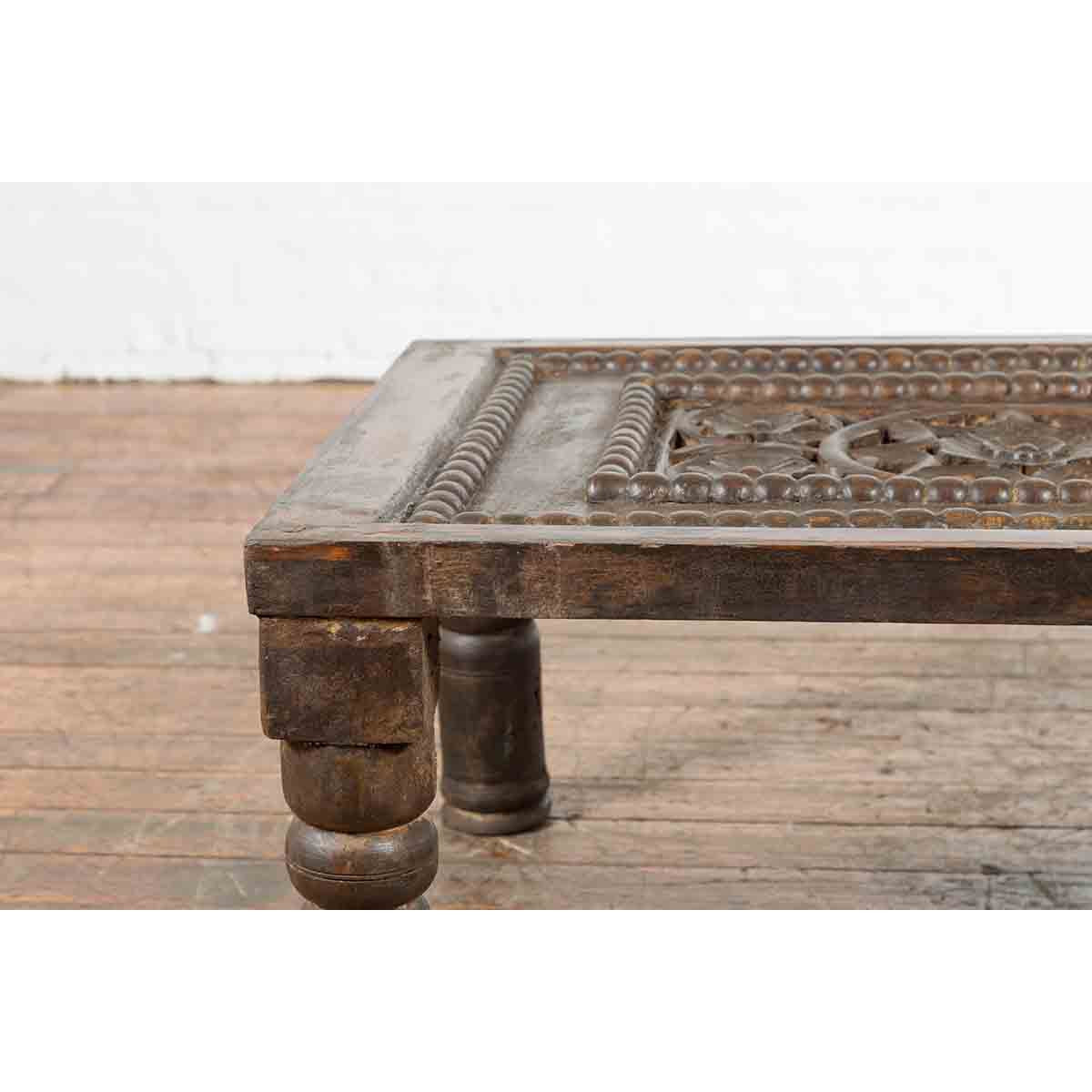 Indian 19th Century Small Wooden Coffee Table with Carved Floral Motifs-7. Asian & Chinese Furniture, Art, Antiques, Vintage Home Décor for sale at FEA Home