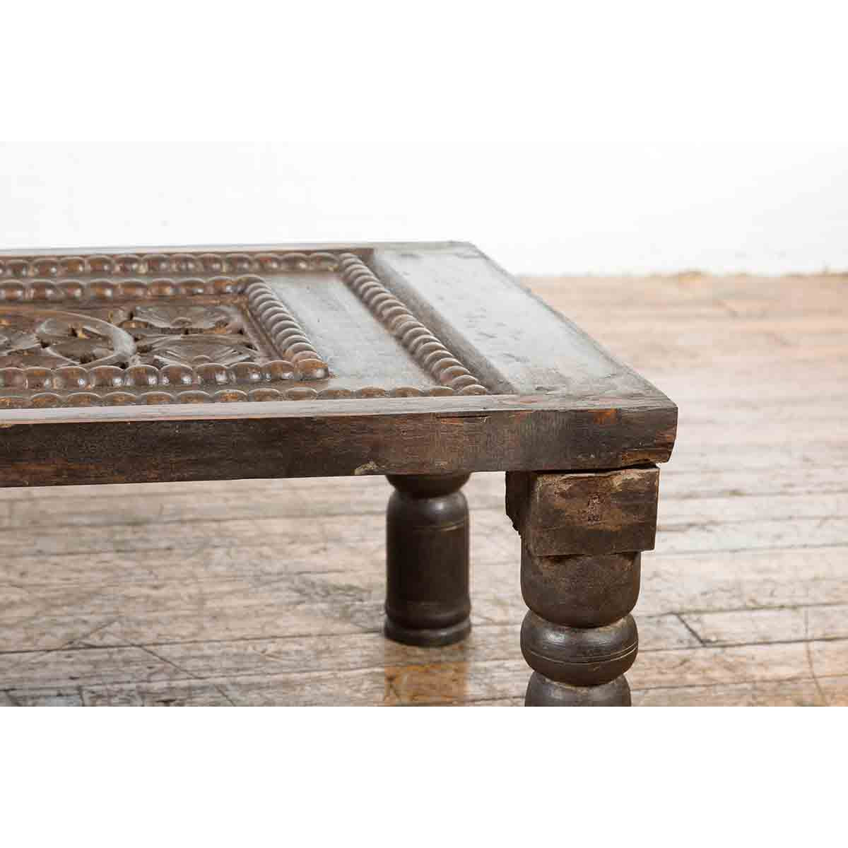 Indian 19th Century Small Wooden Coffee Table with Carved Floral Motifs-8. Asian & Chinese Furniture, Art, Antiques, Vintage Home Décor for sale at FEA Home