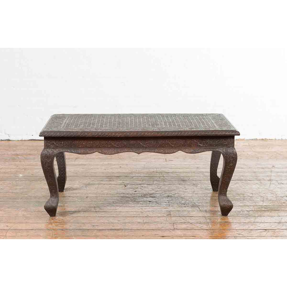 Vintage Indian Coffee Table with Embossed Floral Design and Cabriole Legs-3. Asian & Chinese Furniture, Art, Antiques, Vintage Home Décor for sale at FEA Home