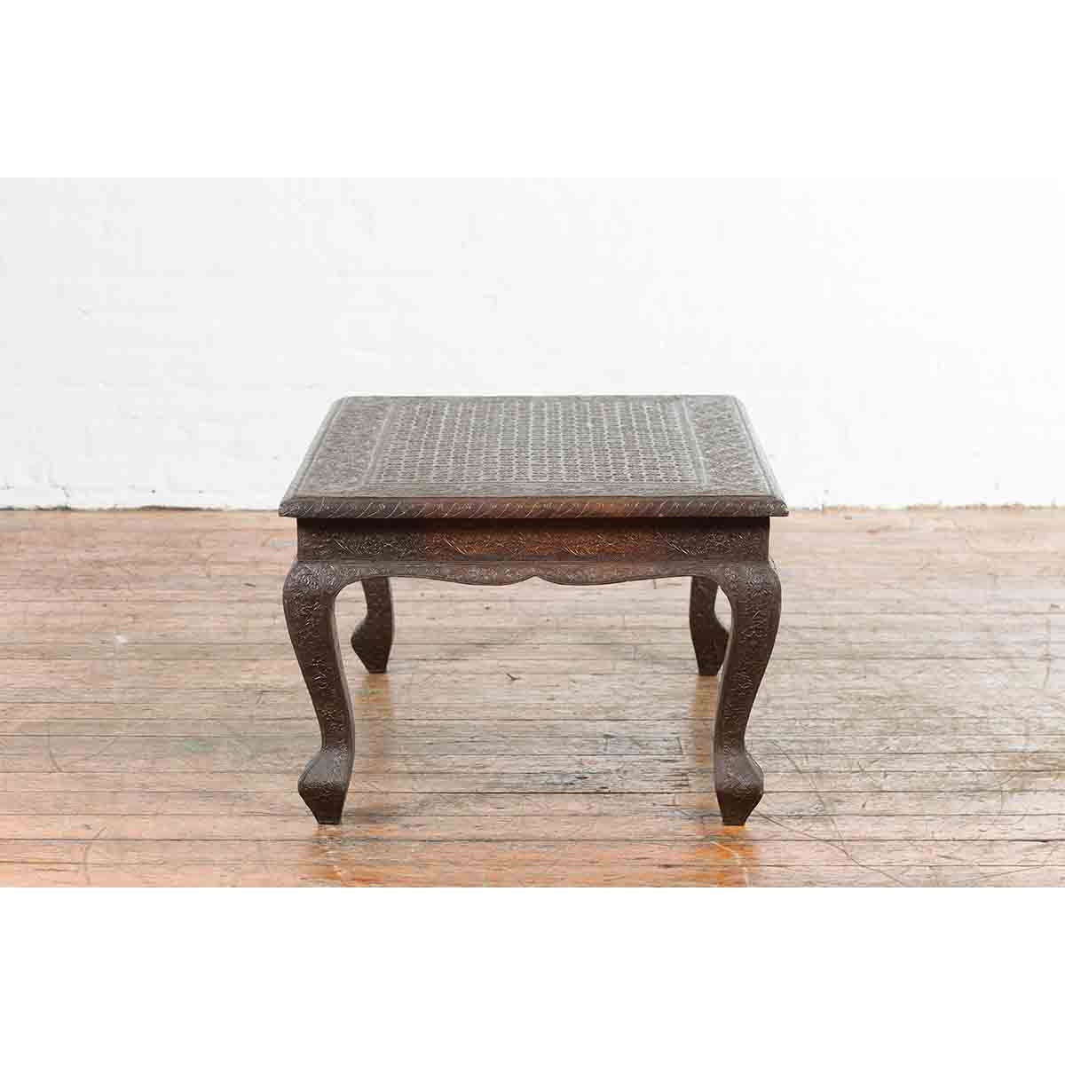 Vintage Indian Coffee Table with Embossed Floral Design and Cabriole Legs-11. Asian & Chinese Furniture, Art, Antiques, Vintage Home Décor for sale at FEA Home