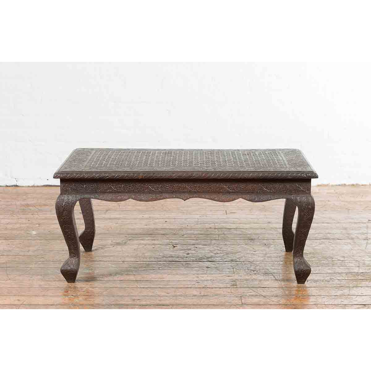 Vintage Indian Coffee Table with Embossed Floral Design and Cabriole Legs-12. Asian & Chinese Furniture, Art, Antiques, Vintage Home Décor for sale at FEA Home