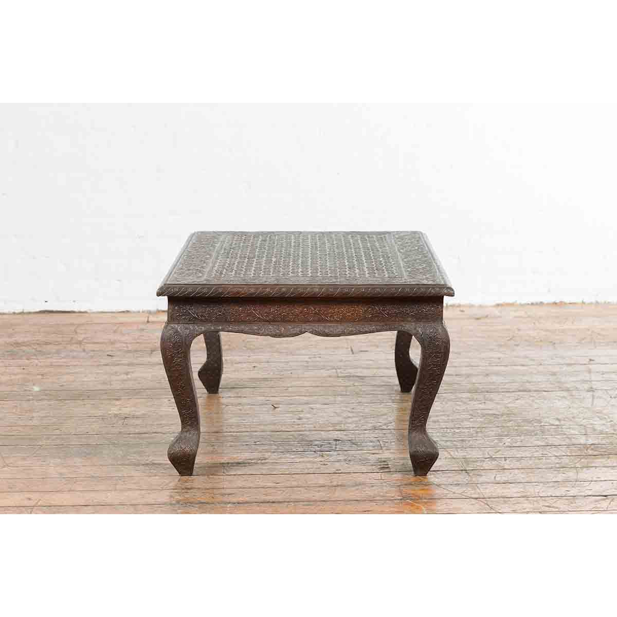 Vintage Indian Coffee Table with Embossed Floral Design and Cabriole Legs-13. Asian & Chinese Furniture, Art, Antiques, Vintage Home Décor for sale at FEA Home