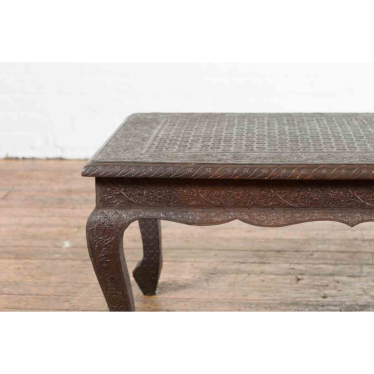 Vintage Indian Coffee Table with Embossed Floral Design and Cabriole Legs-5. Asian & Chinese Furniture, Art, Antiques, Vintage Home Décor for sale at FEA Home