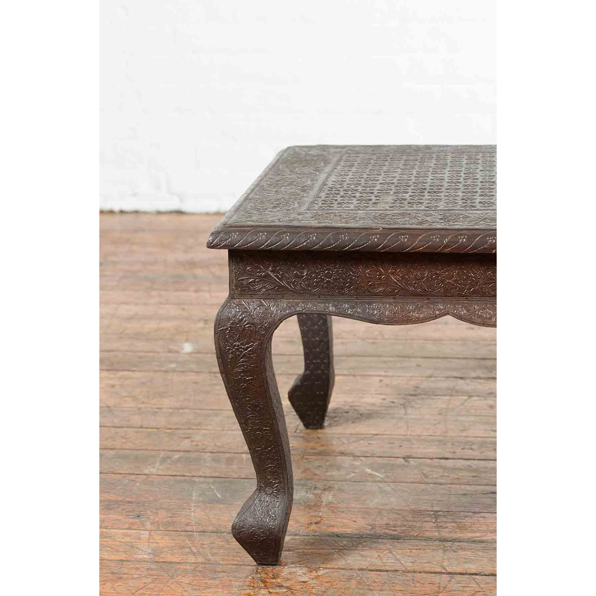Vintage Indian Coffee Table with Embossed Floral Design and Cabriole Legs-6. Asian & Chinese Furniture, Art, Antiques, Vintage Home Décor for sale at FEA Home