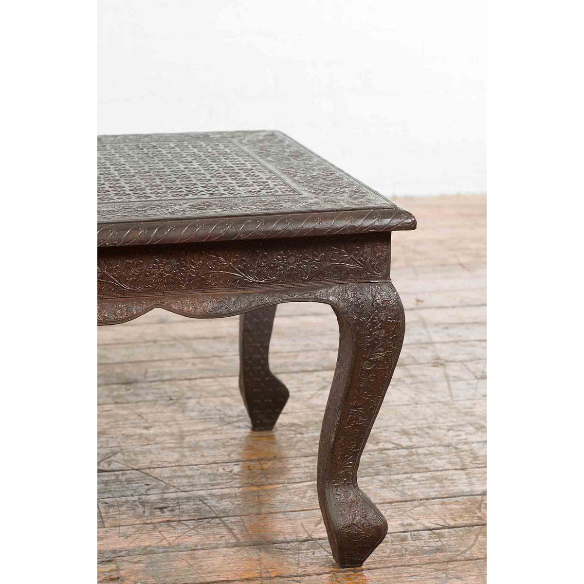 Vintage Indian Coffee Table with Embossed Floral Design and Cabriole Legs-7. Asian & Chinese Furniture, Art, Antiques, Vintage Home Décor for sale at FEA Home