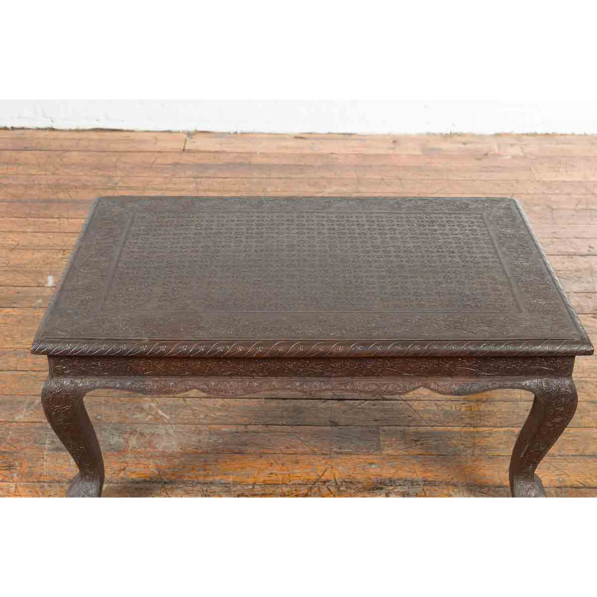 Vintage Indian Coffee Table with Embossed Floral Design and Cabriole Legs-8. Asian & Chinese Furniture, Art, Antiques, Vintage Home Décor for sale at FEA Home