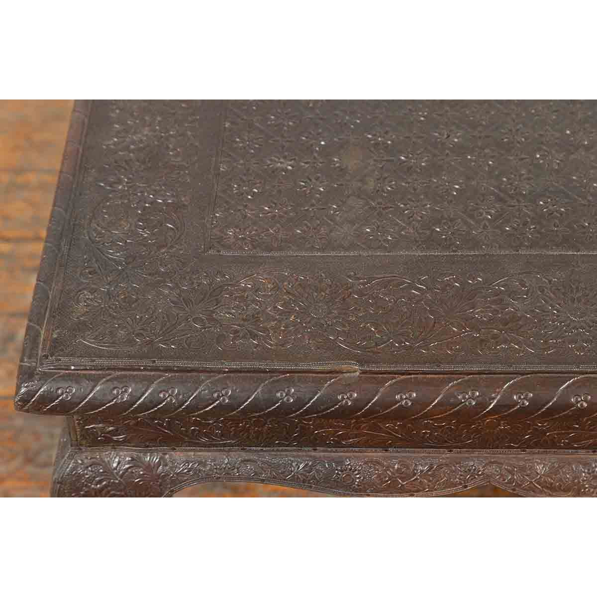 Vintage Indian Coffee Table with Embossed Floral Design and Cabriole Legs-10. Asian & Chinese Furniture, Art, Antiques, Vintage Home Décor for sale at FEA Home