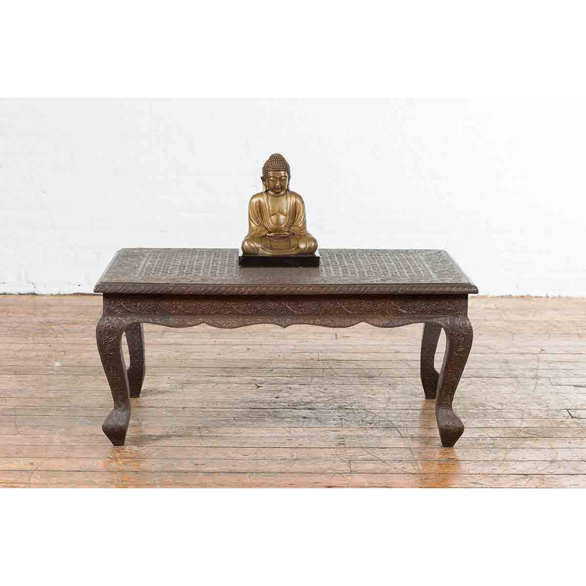 Vintage Indian Coffee Table with Embossed Floral Design and Cabriole Legs-4. Asian & Chinese Furniture, Art, Antiques, Vintage Home Décor for sale at FEA Home