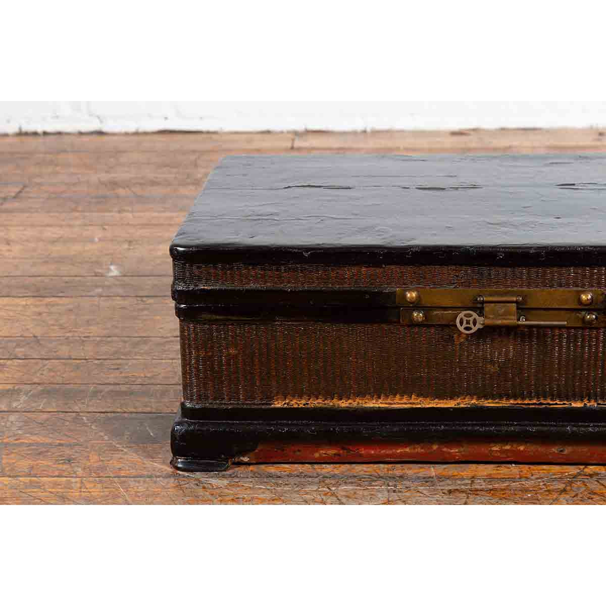 Chinese Qing Dynasty 19th Century Black Lacquer Blanket Chest with Rattan Inlay-6. Asian & Chinese Furniture, Art, Antiques, Vintage Home Décor for sale at FEA Home