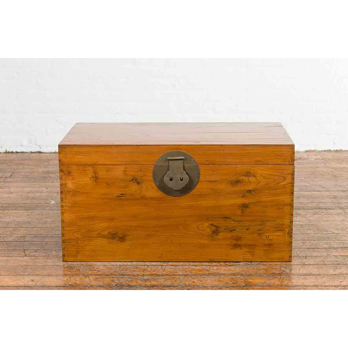 Large Vintage Chinese Wooden Blanket Chest with Brass Medallion Lock-3. Asian & Chinese Furniture, Art, Antiques, Vintage Home Décor for sale at FEA Home