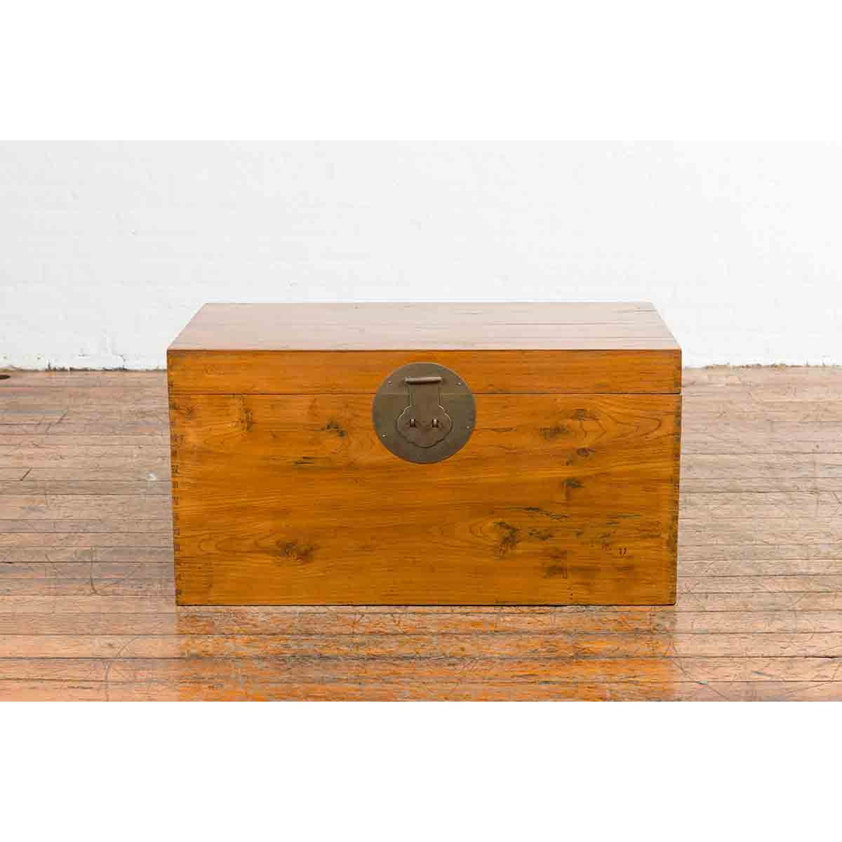 Large Vintage Chinese Wooden Blanket Chest with Brass Medallion Lock-12. Asian & Chinese Furniture, Art, Antiques, Vintage Home Décor for sale at FEA Home
