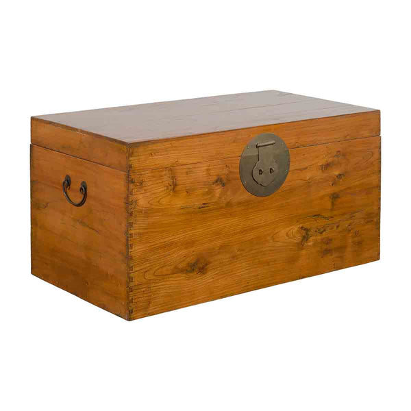 Large Vintage Chinese Wooden Blanket Chest with Brass Medallion Lock