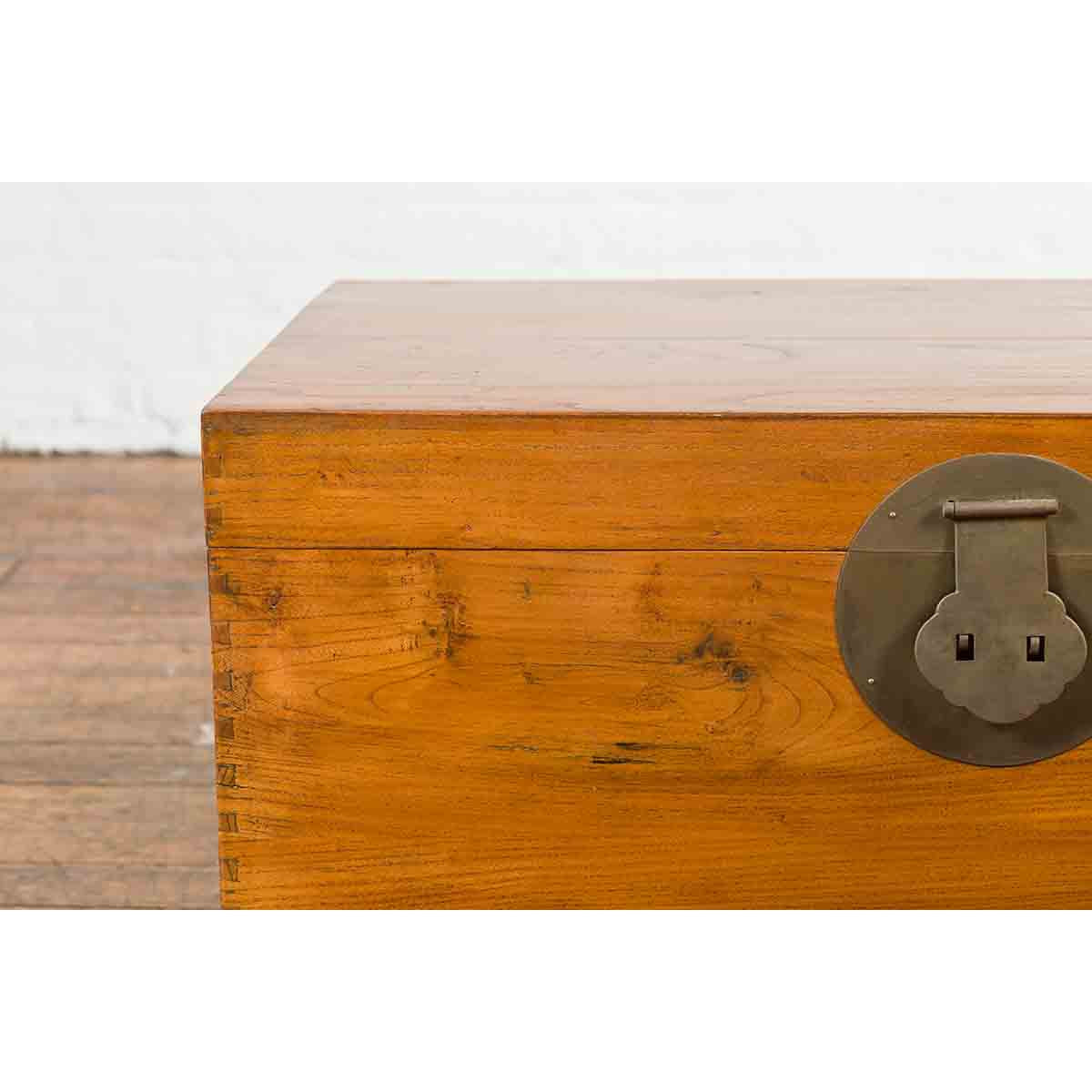 Large Vintage Chinese Wooden Blanket Chest with Brass Medallion Lock-5. Asian & Chinese Furniture, Art, Antiques, Vintage Home Décor for sale at FEA Home