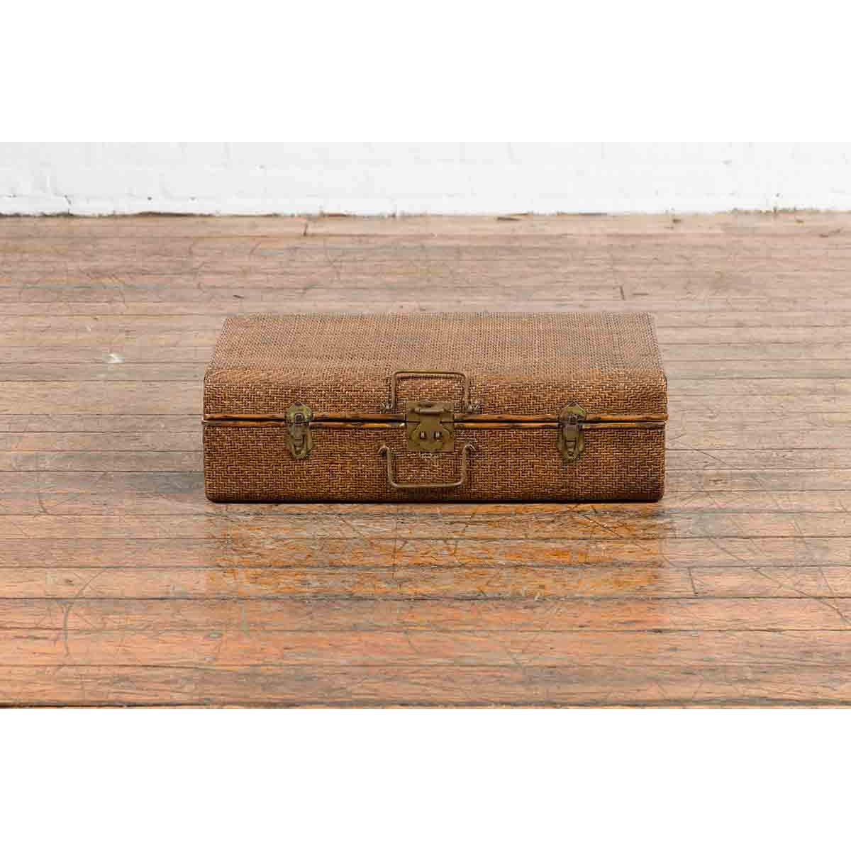 Indian Vintage Bamboo and Woven Rattan Suitcase with Brass Hardware-3. Asian & Chinese Furniture, Art, Antiques, Vintage Home Décor for sale at FEA Home