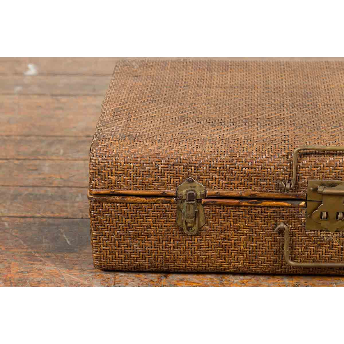 Indian Vintage Bamboo and Woven Rattan Suitcase with Brass Hardware-6. Asian & Chinese Furniture, Art, Antiques, Vintage Home Décor for sale at FEA Home