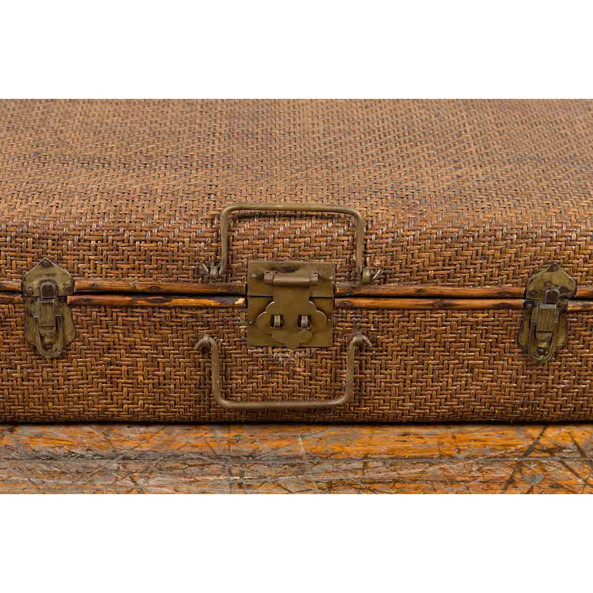 Indian Vintage Bamboo and Woven Rattan Suitcase with Brass Hardware-8. Asian & Chinese Furniture, Art, Antiques, Vintage Home Décor for sale at FEA Home