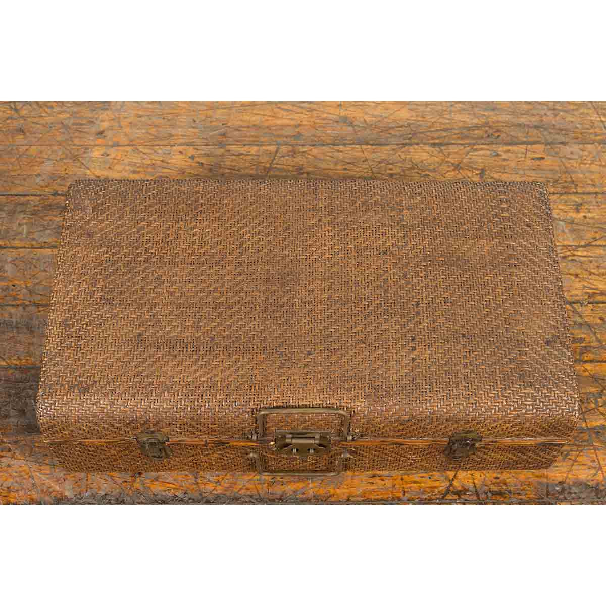 Indian Vintage Bamboo and Woven Rattan Suitcase with Brass Hardware-9. Asian & Chinese Furniture, Art, Antiques, Vintage Home Décor for sale at FEA Home