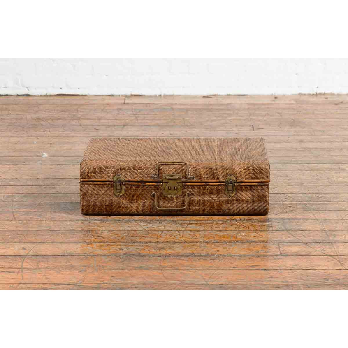 Indian Vintage Bamboo and Woven Rattan Suitcase with Brass Hardware-10. Asian & Chinese Furniture, Art, Antiques, Vintage Home Décor for sale at FEA Home