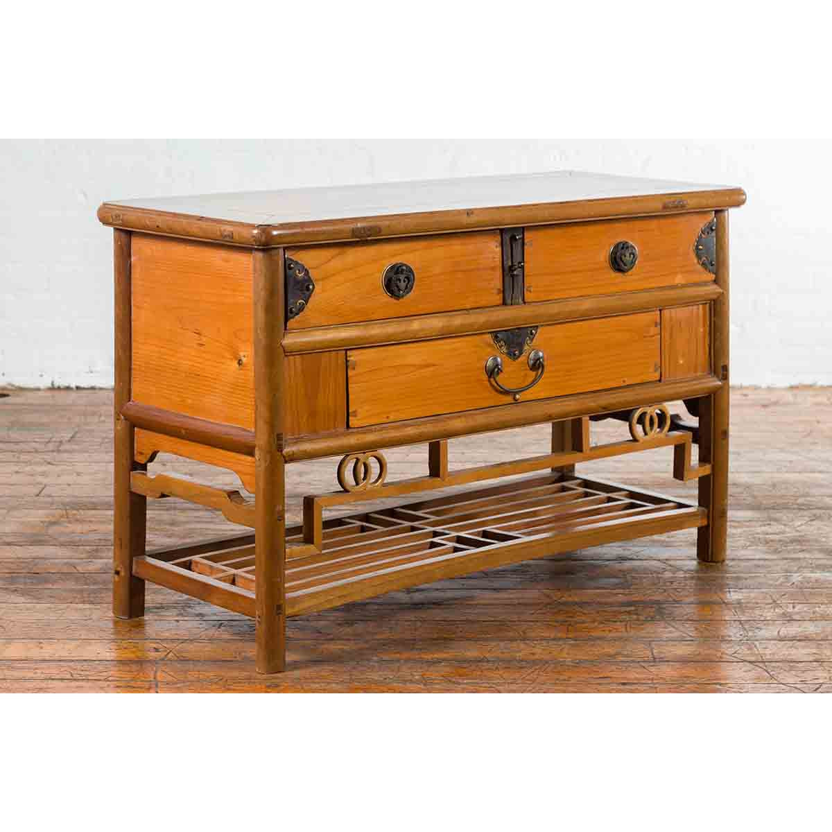 Chinese Early 20th Century Sideboard with Three Drawers and Natural Finish-4. Asian & Chinese Furniture, Art, Antiques, Vintage Home Décor for sale at FEA Home