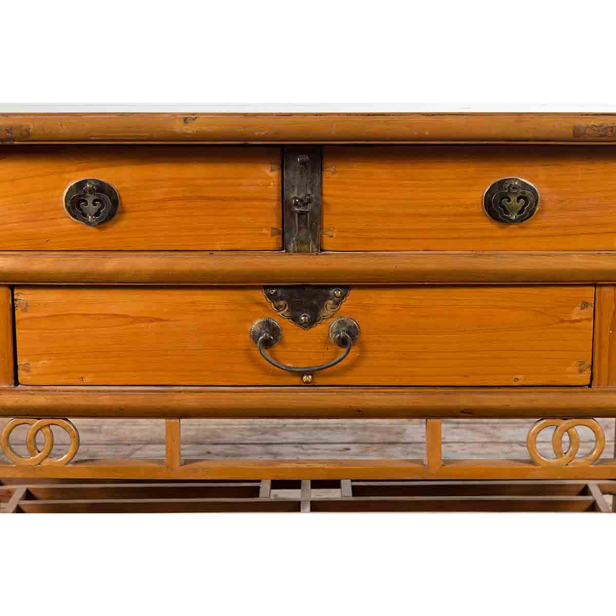 Chinese Early 20th Century Sideboard with Three Drawers and Natural Finish-7. Asian & Chinese Furniture, Art, Antiques, Vintage Home Décor for sale at FEA Home