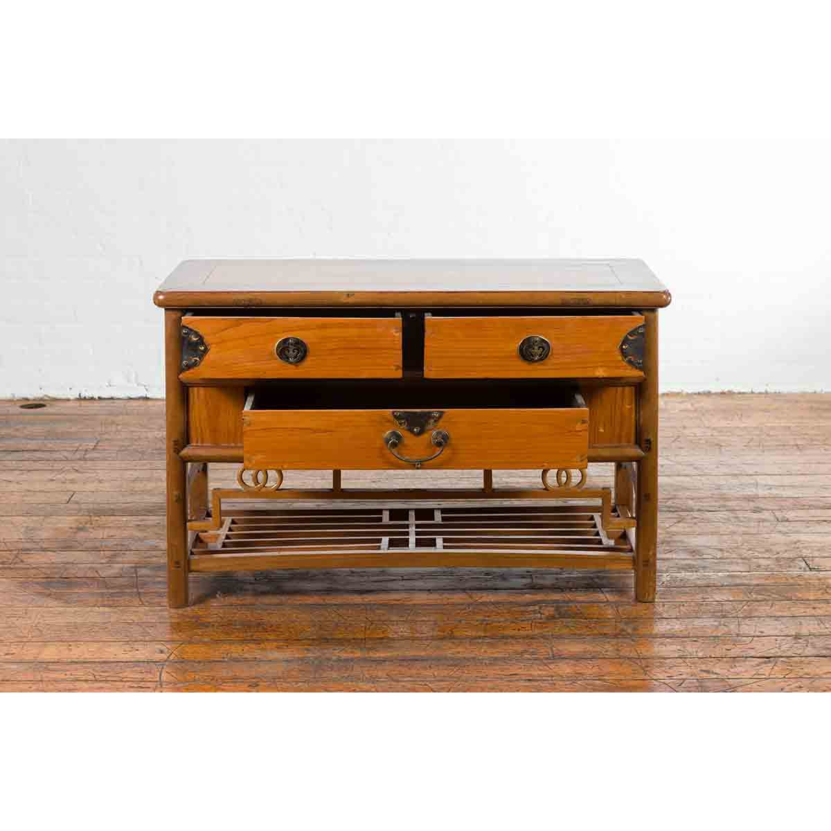 Chinese Early 20th Century Sideboard with Three Drawers and Natural Finish-12. Asian & Chinese Furniture, Art, Antiques, Vintage Home Décor for sale at FEA Home