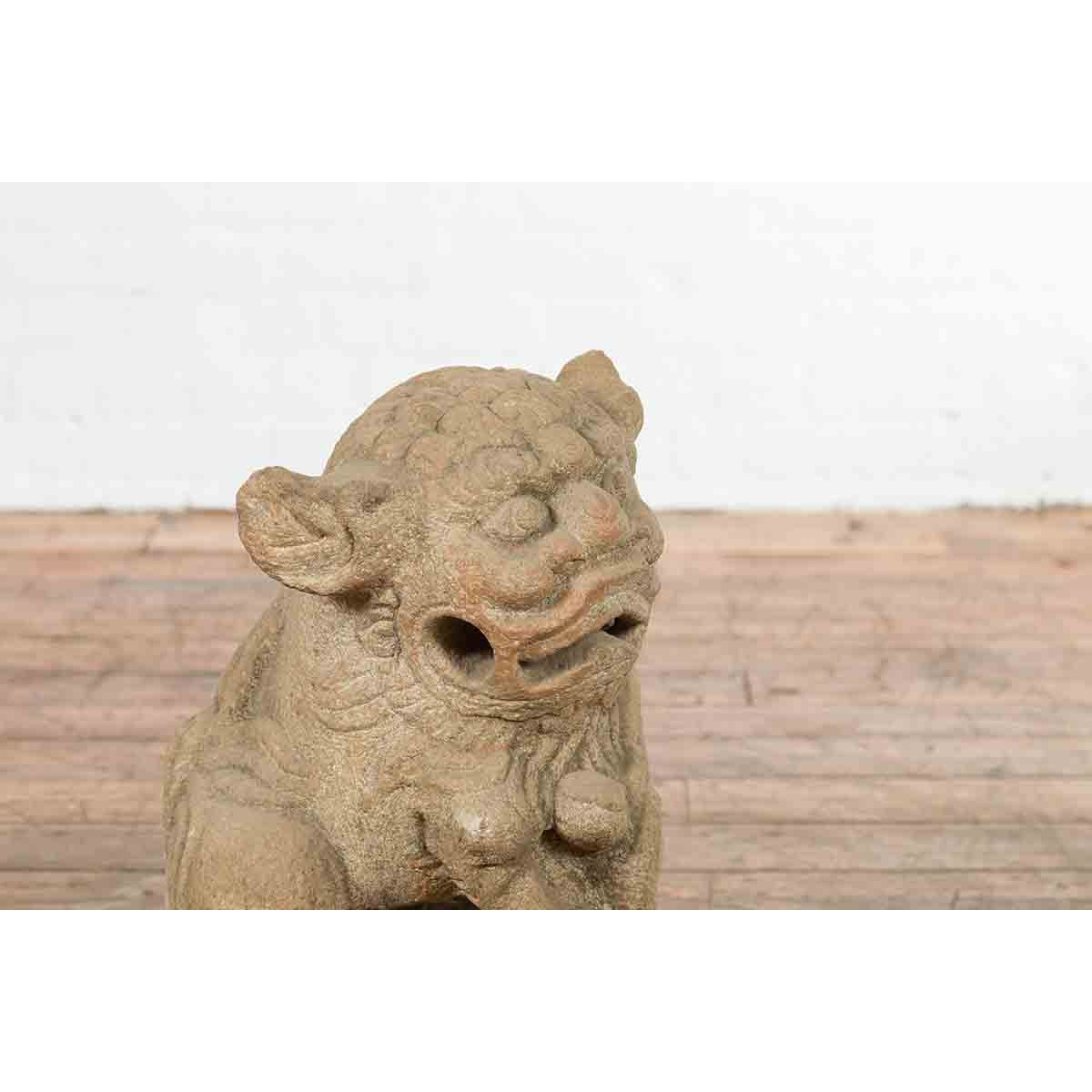 Chinese Qing Dynasty 19th Century Carved Stone Foo Dog Guardian Lion Sculpture-6. Asian & Chinese Furniture, Art, Antiques, Vintage Home Décor for sale at FEA Home