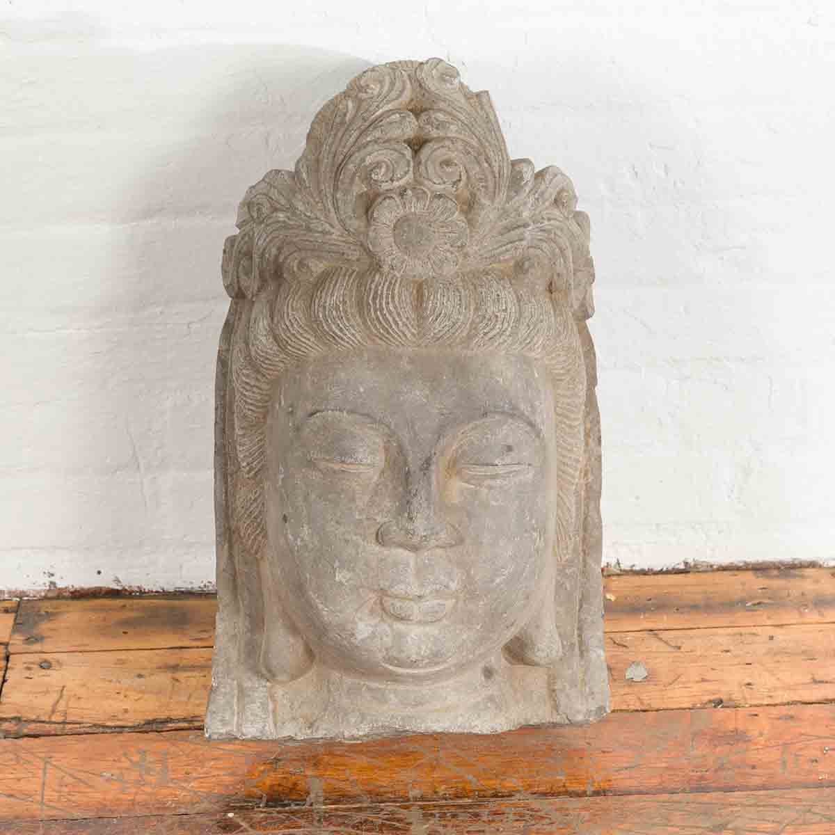 Chinese Vintage Carved Stone Bust of Guanyin, Bodhisattva of Compassion-2. Asian & Chinese Furniture, Art, Antiques, Vintage Home Décor for sale at FEA Home