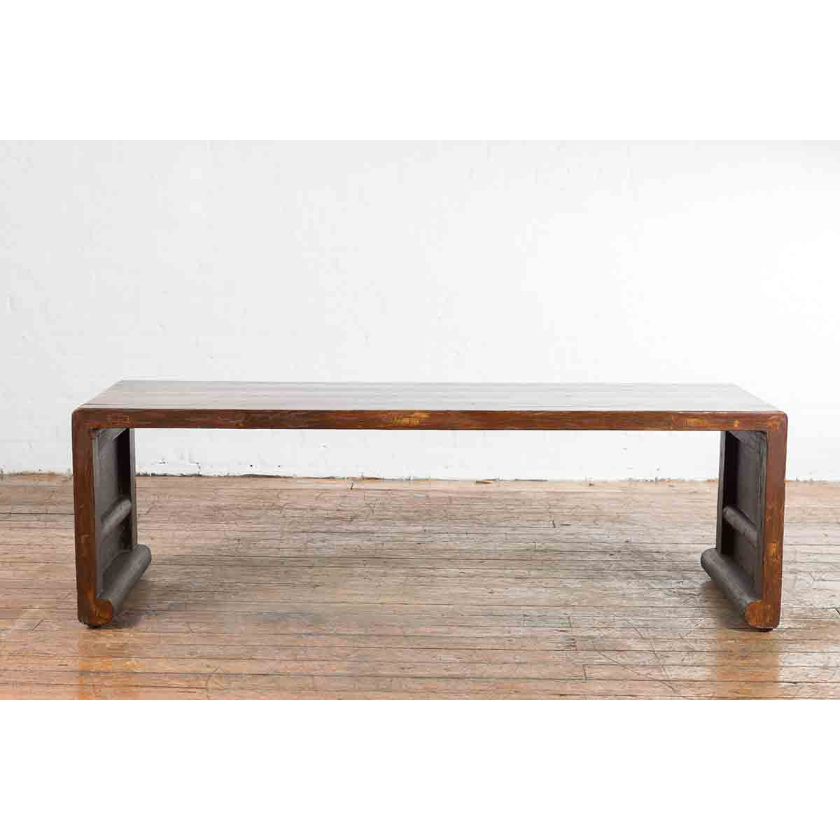 Chinese Vintage Wooden Waterfall Coffee Table with Distressed Patina and Scrolls-2. Asian & Chinese Furniture, Art, Antiques, Vintage Home Décor for sale at FEA Home