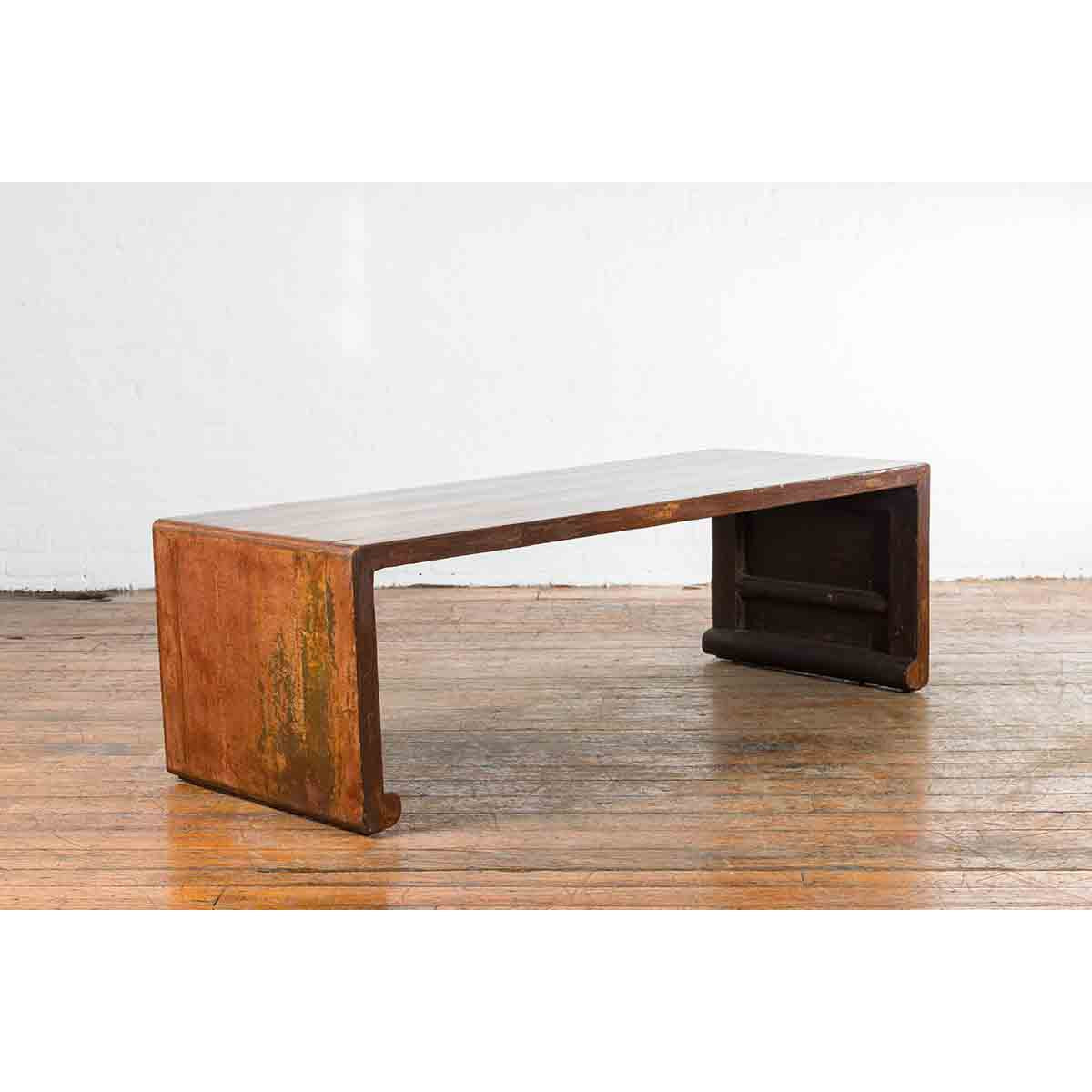 Chinese Vintage Wooden Waterfall Coffee Table with Distressed Patina and Scrolls-6. Asian & Chinese Furniture, Art, Antiques, Vintage Home Décor for sale at FEA Home