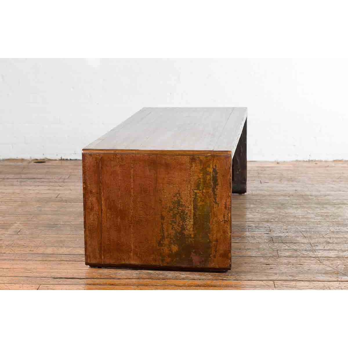 Chinese Vintage Wooden Waterfall Coffee Table with Distressed Patina and Scrolls-7. Asian & Chinese Furniture, Art, Antiques, Vintage Home Décor for sale at FEA Home