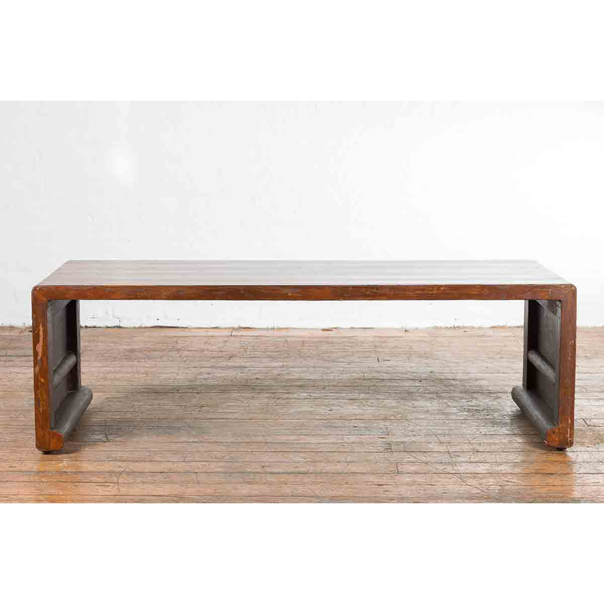 Chinese Vintage Wooden Waterfall Coffee Table with Distressed Patina and Scrolls-9. Asian & Chinese Furniture, Art, Antiques, Vintage Home Décor for sale at FEA Home