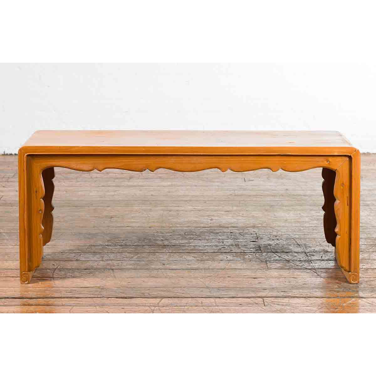 Low Vintage Elmwood Waterfall Console Table with Carved Apron & Legs-11. Asian & Chinese Furniture, Art, Antiques, Vintage Home Décor for sale at FEA Home