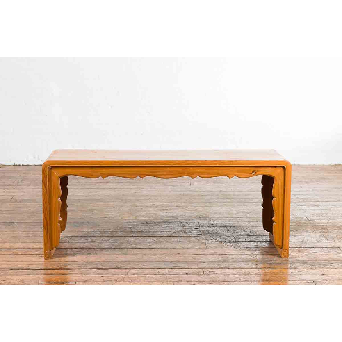 Low Vintage Elmwood Waterfall Console Table with Carved Apron & Legs-13. Asian & Chinese Furniture, Art, Antiques, Vintage Home Décor for sale at FEA Home