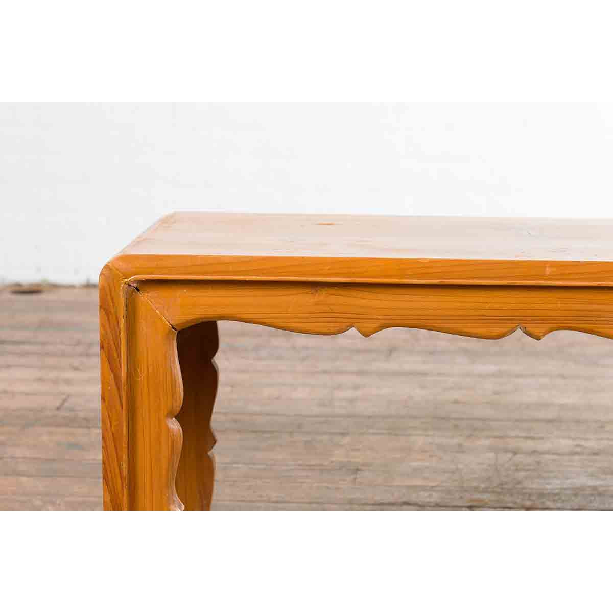 Low Vintage Elmwood Waterfall Console Table with Carved Apron & Legs-5. Asian & Chinese Furniture, Art, Antiques, Vintage Home Décor for sale at FEA Home