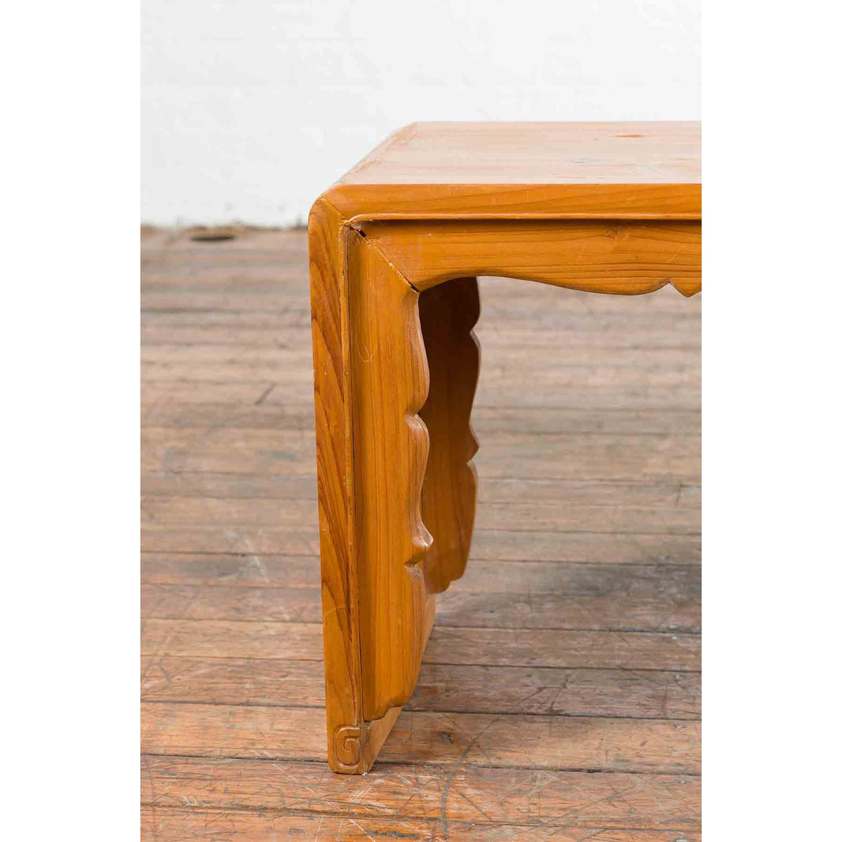 Low Vintage Elmwood Waterfall Console Table with Carved Apron & Legs-6. Asian & Chinese Furniture, Art, Antiques, Vintage Home Décor for sale at FEA Home