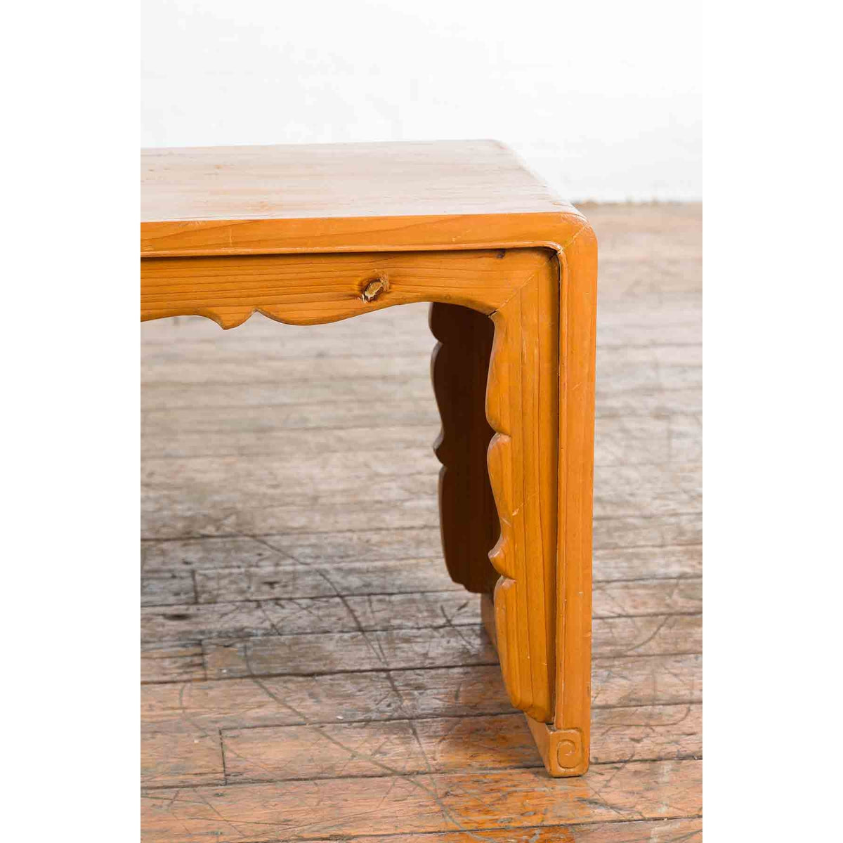Low Vintage Elmwood Waterfall Console Table with Carved Apron & Legs-7. Asian & Chinese Furniture, Art, Antiques, Vintage Home Décor for sale at FEA Home
