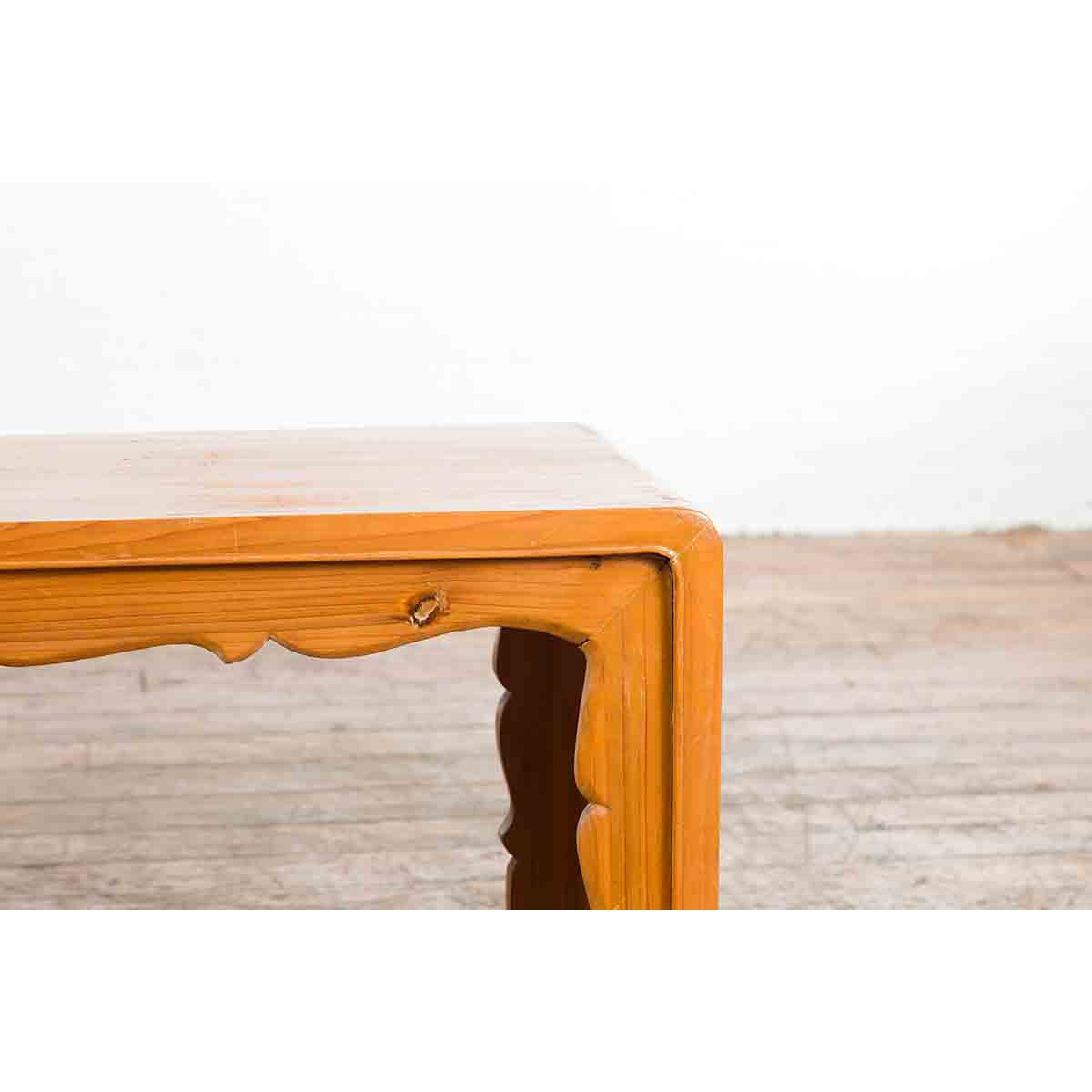 Low Vintage Elmwood Waterfall Console Table with Carved Apron & Legs-8. Asian & Chinese Furniture, Art, Antiques, Vintage Home Décor for sale at FEA Home
