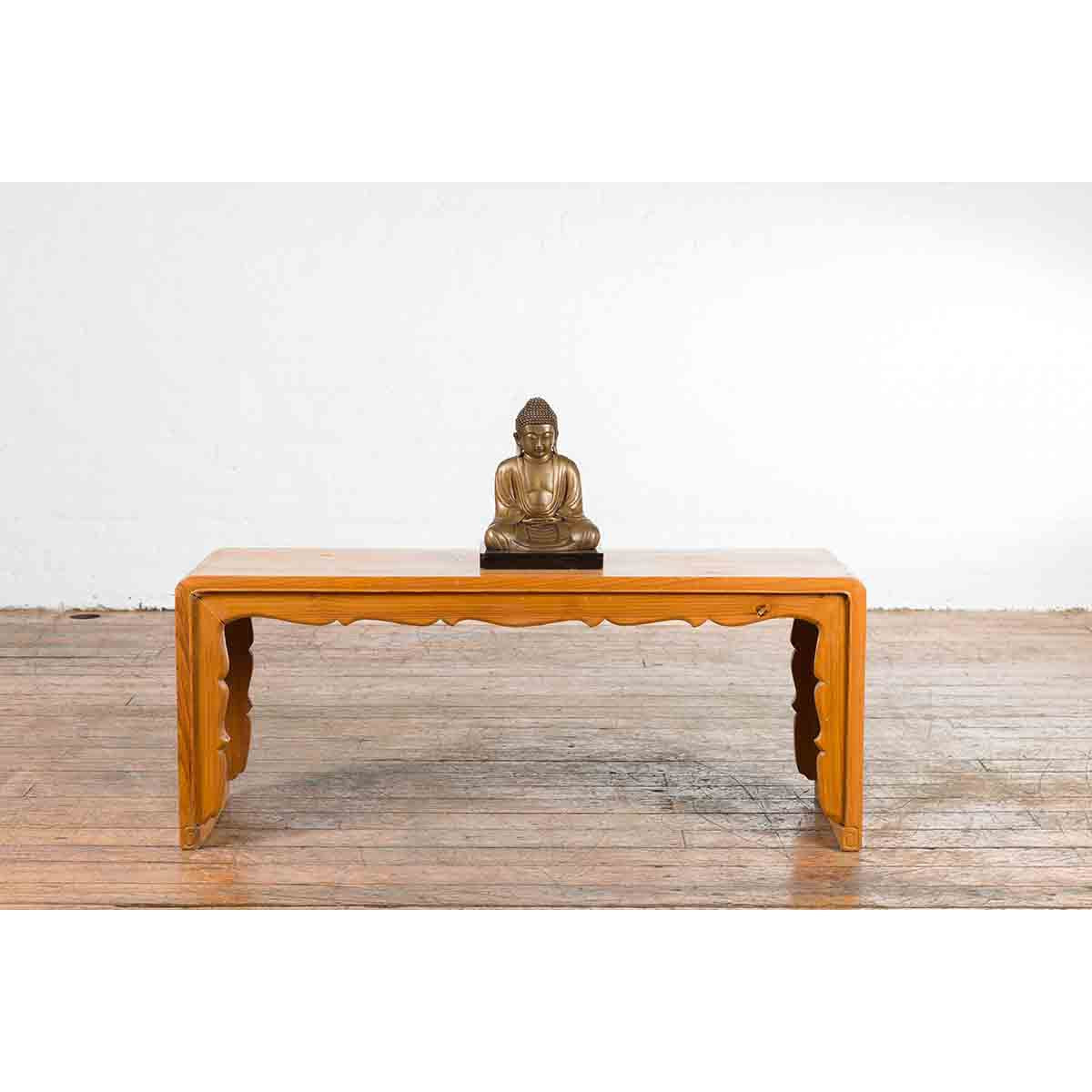 Low Vintage Elmwood Waterfall Console Table with Carved Apron & Legs-3. Asian & Chinese Furniture, Art, Antiques, Vintage Home Décor for sale at FEA Home