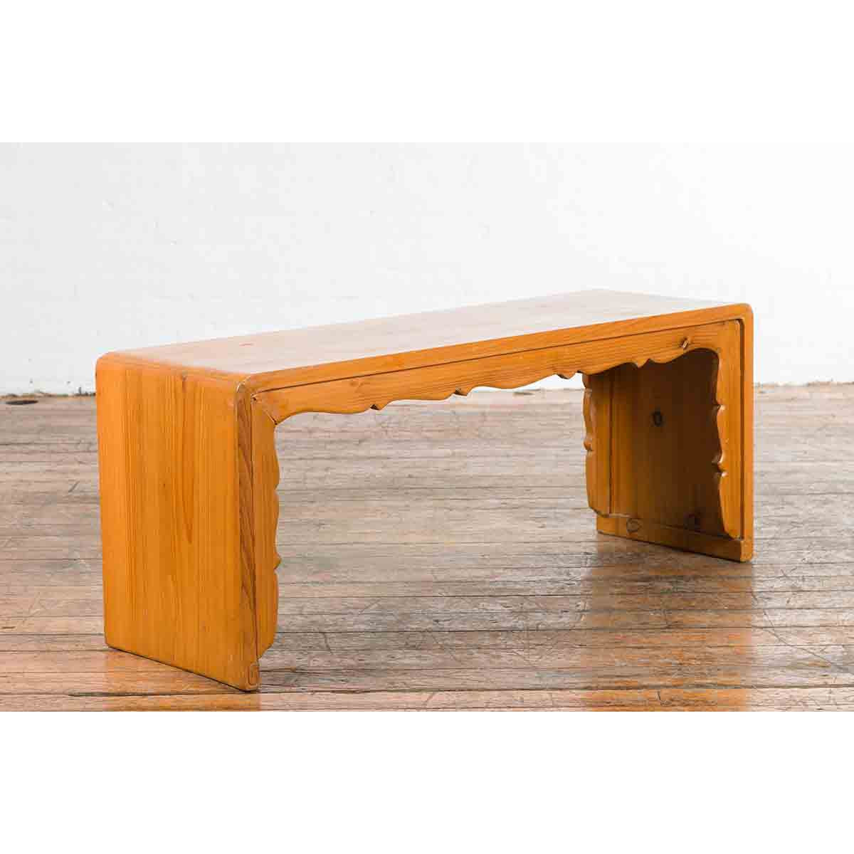 Low Vintage Elmwood Waterfall Console Table with Carved Apron & Legs-4. Asian & Chinese Furniture, Art, Antiques, Vintage Home Décor for sale at FEA Home