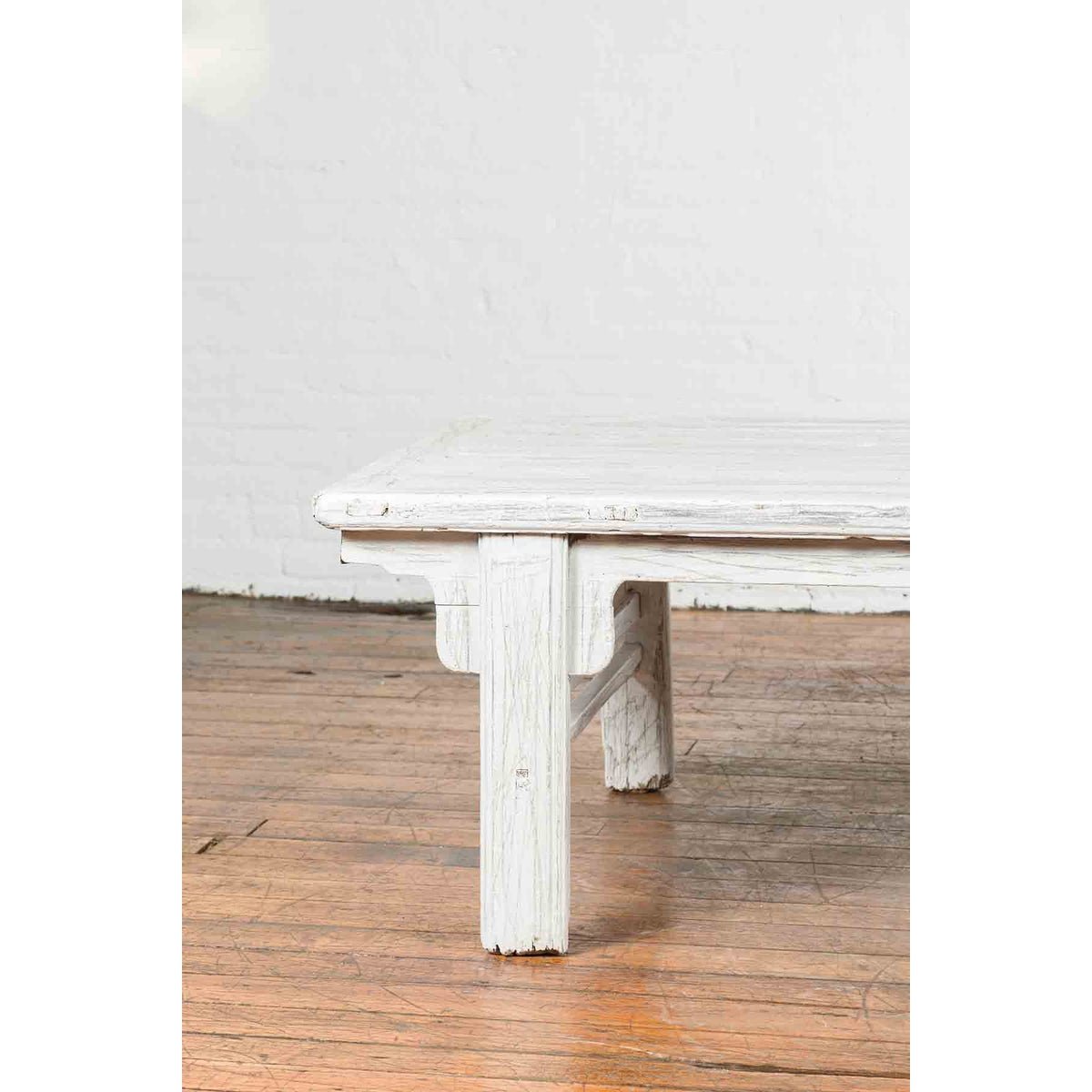 Chinese Vintage Whitewashed Coffee Table with Carved Spandrels and Stretchers-4. Asian & Chinese Furniture, Art, Antiques, Vintage Home Décor for sale at FEA Home
