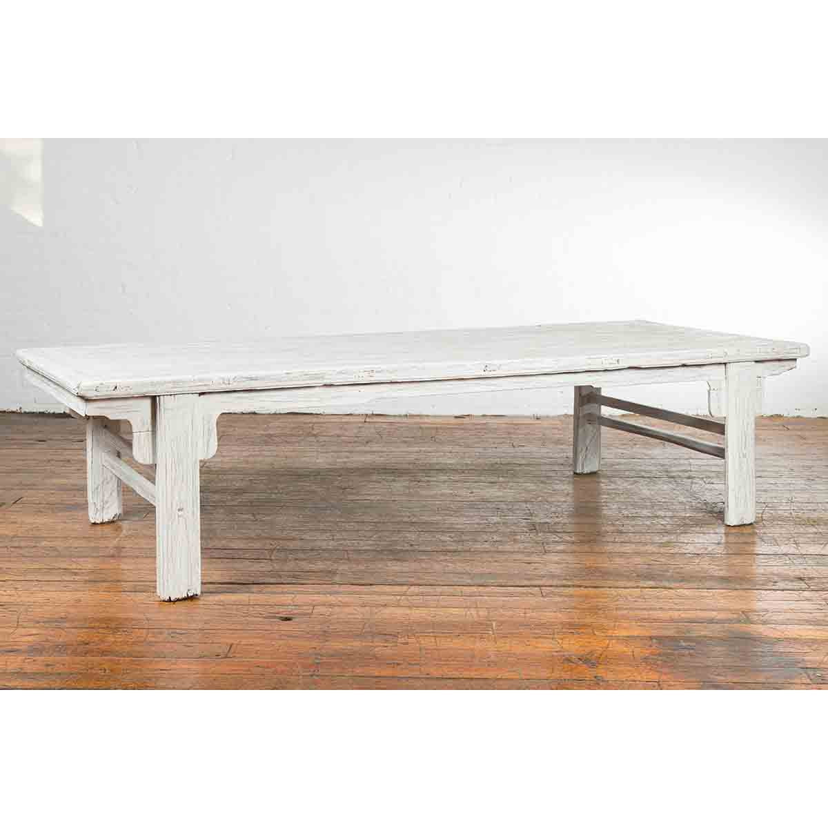 Chinese Vintage Whitewashed Coffee Table with Carved Spandrels and Stretchers-7. Asian & Chinese Furniture, Art, Antiques, Vintage Home Décor for sale at FEA Home