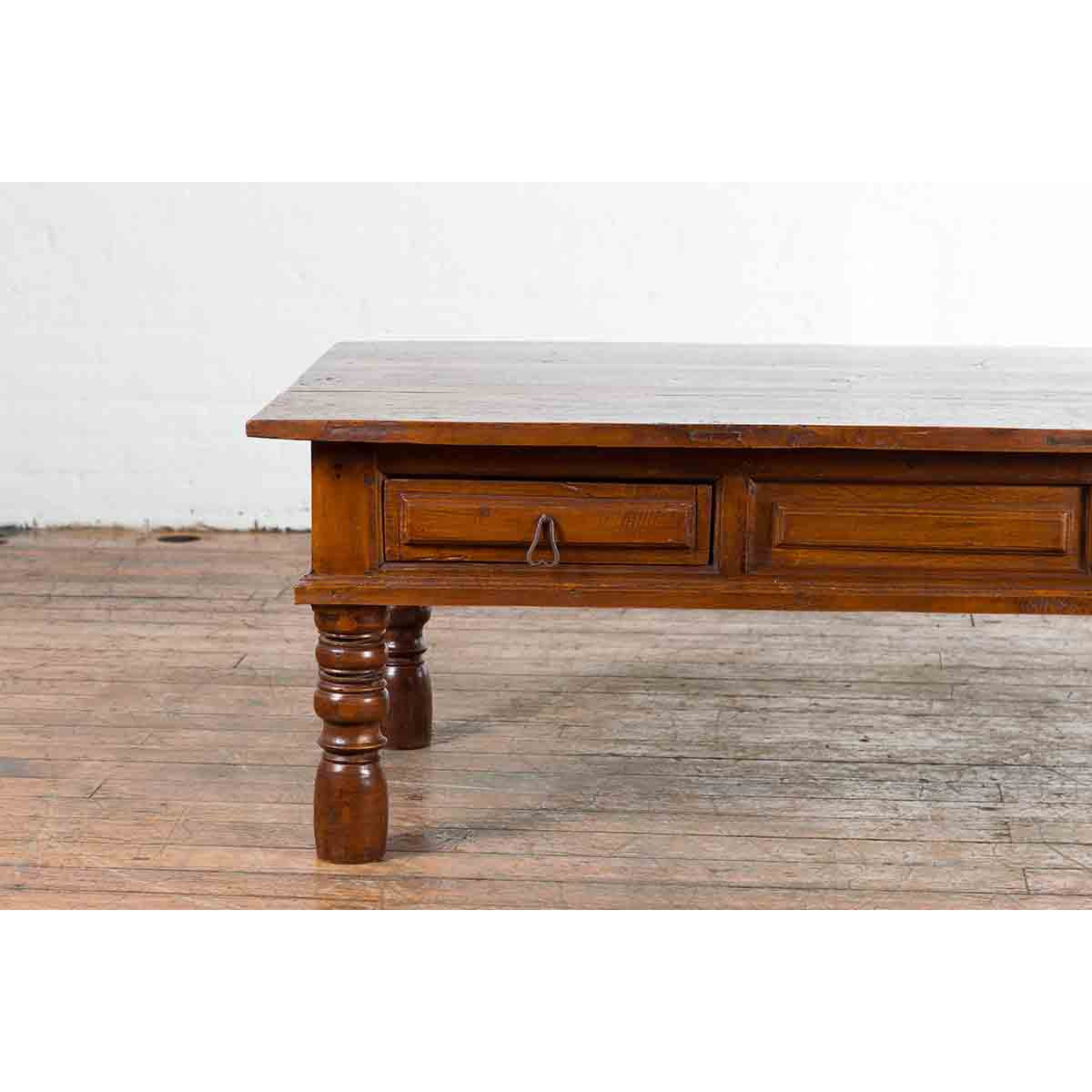 Vintage Indian Wooden Coffee Table with Two Drawers and Baluster Legs-6. Asian & Chinese Furniture, Art, Antiques, Vintage Home Décor for sale at FEA Home