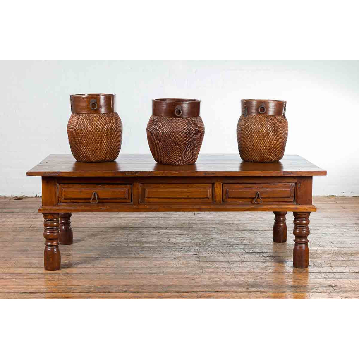 Vintage Indian Wooden Coffee Table with Two Drawers and Baluster Legs-3. Asian & Chinese Furniture, Art, Antiques, Vintage Home Décor for sale at FEA Home