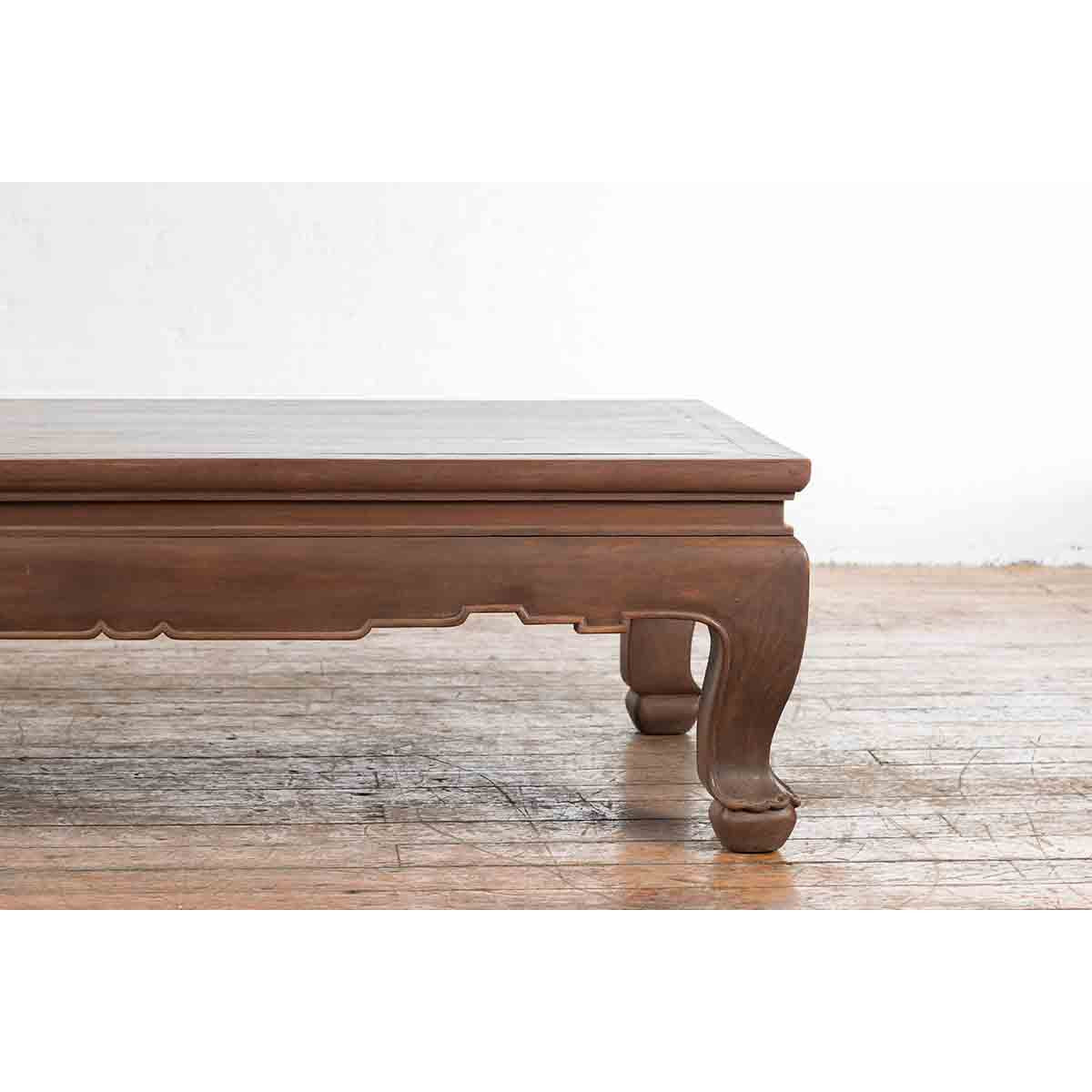 Vintage Thai Brown Wooden Coffee Table with Waisted Carved Apron and Chow Legs-6. Asian & Chinese Furniture, Art, Antiques, Vintage Home Décor for sale at FEA Home