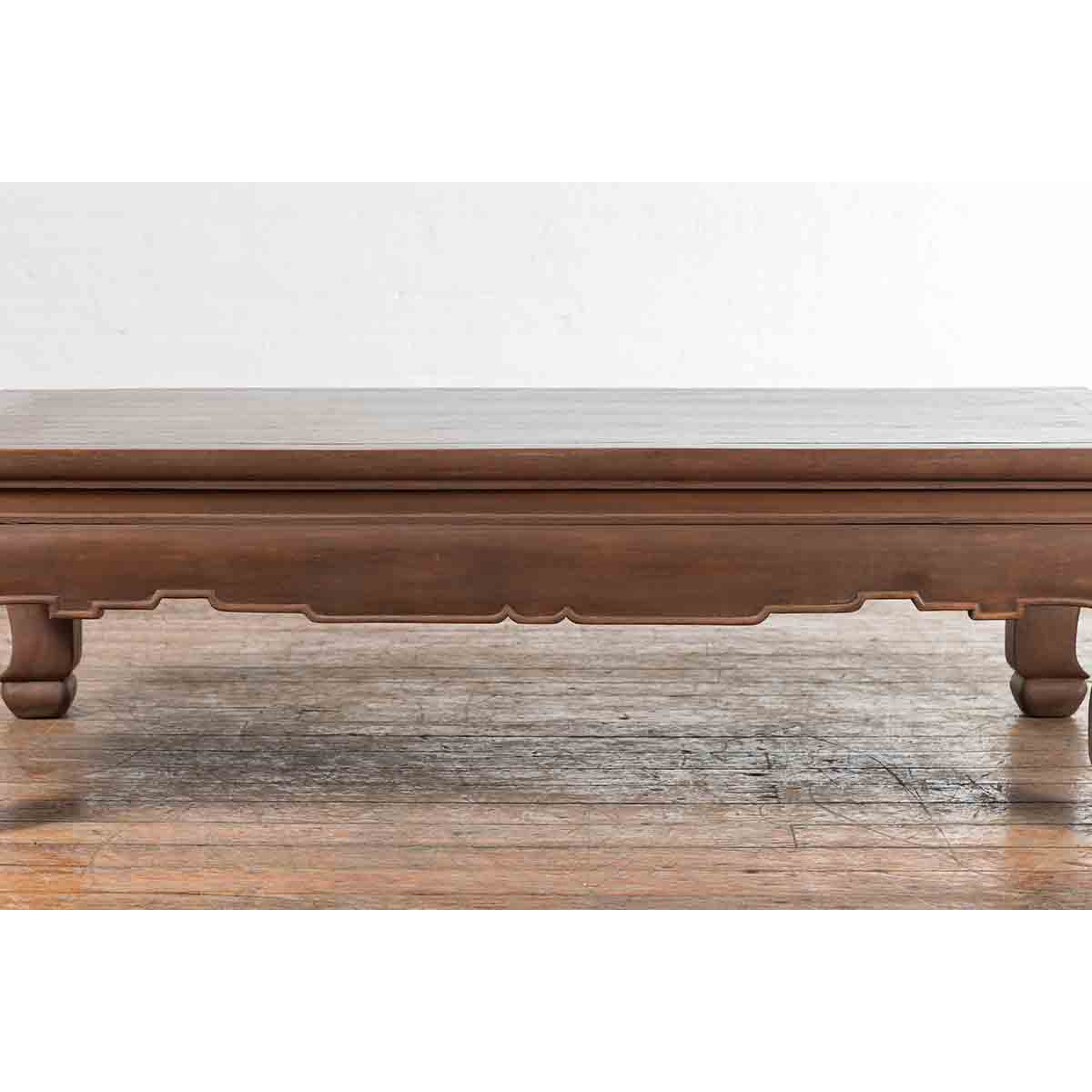 Vintage Thai Brown Wooden Coffee Table with Waisted Carved Apron and Chow Legs-7. Asian & Chinese Furniture, Art, Antiques, Vintage Home Décor for sale at FEA Home